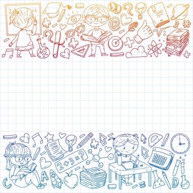 Çevrimiçi eğitim kavramı. Küçük çocuklar, üniversite, internet kursları için vektör simgeleri ve elementler. Doodle tarzı, çocuklar çiziyor..