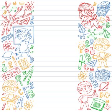 Okula geri dön. Vektör simgeleri ve küçük çocuklar için öğeleri, kolej, online kurslar. Doodle tarzı, çocuk çizim