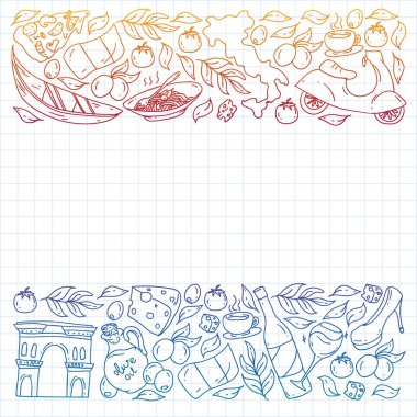 İtalya. İtalyan mutfağı siparişi ver, internetten yemek al. Restoran, kafe ve arka planlar için bir takım ikonlar. Kolezyum, Roma, Pisa, Venedik. Peynir ve Pizza..