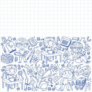 Çevrimiçi öğrenim, eğitim. Okula dönelim. Küçük çocuklar için vektör simgeleri ve elementler, üniversite. Doodle tarzı, çocuklar çiziyor.