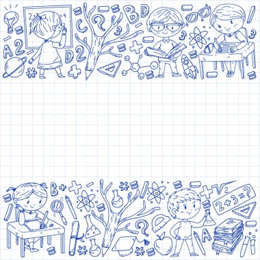 Çevrimiçi öğrenim, eğitim. Okula dönelim. Küçük çocuklar için vektör simgeleri ve elementler, üniversite. Doodle tarzı, çocuklar çiziyor.