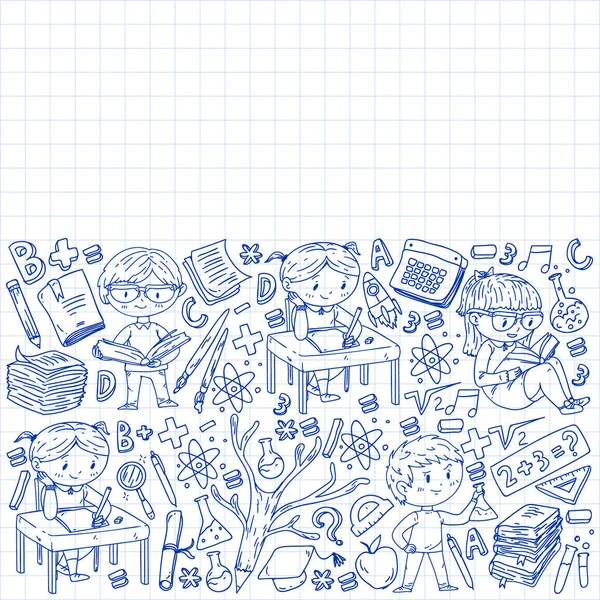 Aprendizaje en línea, educación. De vuelta a la escuela. Iconos vectoriales y elementos para niños pequeños, la universidad. Estilo Doodle, dibujo de niños — Archivo Imágenes Vectoriales