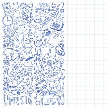 Çevrimiçi öğrenim, eğitim. Okula dönelim. Küçük çocuklar için vektör simgeleri ve elementler, üniversite. Doodle tarzı, çocuklar çiziyor.