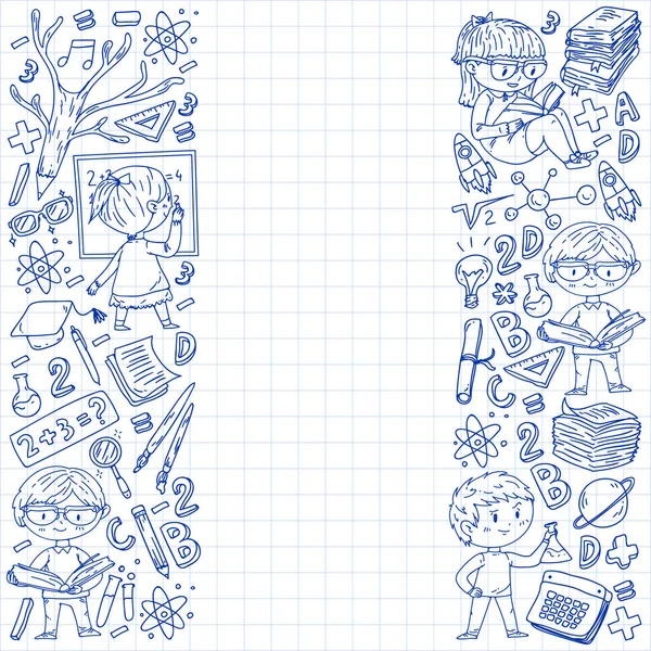 Çevrimiçi öğrenim, eğitim. Okula dönelim. Küçük çocuklar için vektör simgeleri ve elementler, üniversite. Doodle tarzı, çocuklar çiziyor.