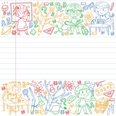 Okula geri dön. Vektör simgeleri ve küçük çocuklar için öğeleri, kolej, online kurslar. Doodle tarzı, çocuk çizim