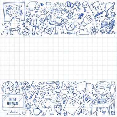 Çevrimiçi öğrenim, eğitim. Okula dönelim. Küçük çocuklar için vektör simgeleri ve elementler, üniversite. Doodle tarzı, çocuklar çiziyor.