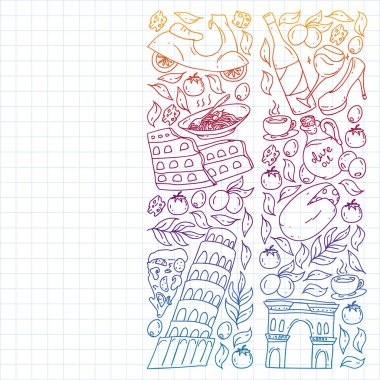 İtalya. İtalyan mutfağı siparişi ver, internetten yemek al. Restoran, kafe ve arka planlar için bir takım ikonlar. Kolezyum, Roma, Pisa, Venedik. Peynir ve Pizza..