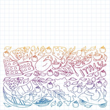 İtalya. İtalyan mutfağı siparişi ver, internetten yemek al. Restoran, kafe ve arka planlar için bir takım ikonlar. Kolezyum, Roma, Pisa, Venedik. Peynir ve Pizza..