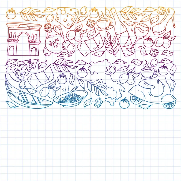 İtalya. İtalyan mutfağı siparişi ver, internetten yemek al. Restoran, kafe ve arka planlar için bir takım ikonlar. Kolezyum, Roma, Pisa, Venedik. Peynir ve Pizza..