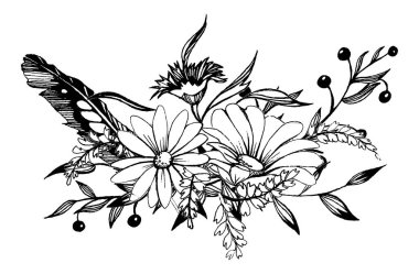 Bir buket çiçek. Gelin çiçeği kompozisyonu. Düğün davetiyesi şablonu.