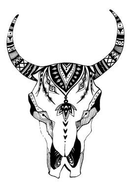 İnek, bufalo, kabile tarzında boğa kafatası. Bohem, bohem vektör çizimi. Vahşi ve özgür etnik çingene sembolü.
