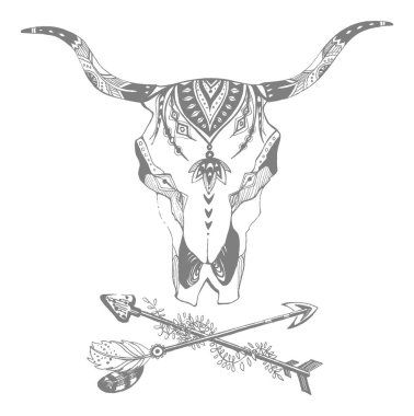 İnek, bufalo, kabile tarzında boğa kafatası. Bohem, bohem vektör çizimi. Vahşi ve özgür etnik çingene sembolü.