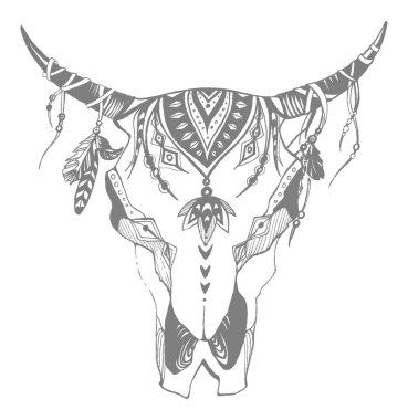 İnek, bufalo, kabile tarzında boğa kafatası. Bohem, bohem vektör çizimi. Vahşi ve özgür etnik çingene sembolü.