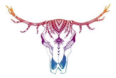 İnek, bufalo, kabile tarzında boğa kafatası. Bohem, bohem vektör çizimi. Vahşi ve özgür etnik çingene sembolü.