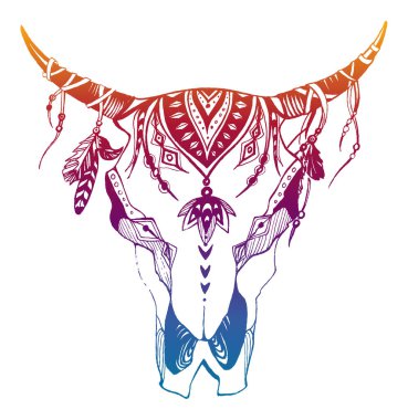 İnek, bufalo, kabile tarzında boğa kafatası. Bohem, bohem vektör çizimi. Vahşi ve özgür etnik çingene sembolü.