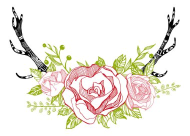 Bir buket çiçek, gül, şakayık. Gelin çiçeği kompozisyonu. Düğün davetiyesi şablonu.