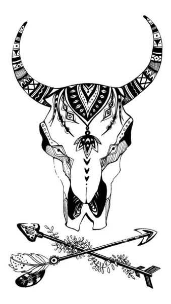 牛、水牛、部族スタイルの雄牛の頭蓋骨。ボヘミアン、 bohoベクトルイラスト。野生と無料の民族ジプシーのシンボル. — ストックベクタ