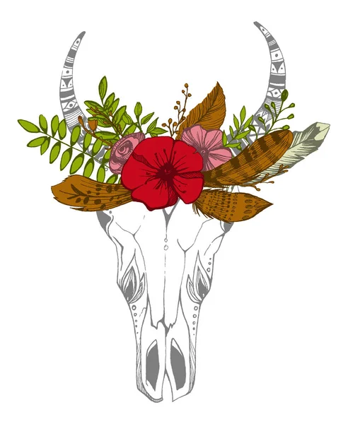 Mucca, bufalo, teschio di toro in stile tribale con fiori. Bohemien, boho vector illustration. Simbolo zingaro etnico selvaggio e libero . — Vettoriale Stock