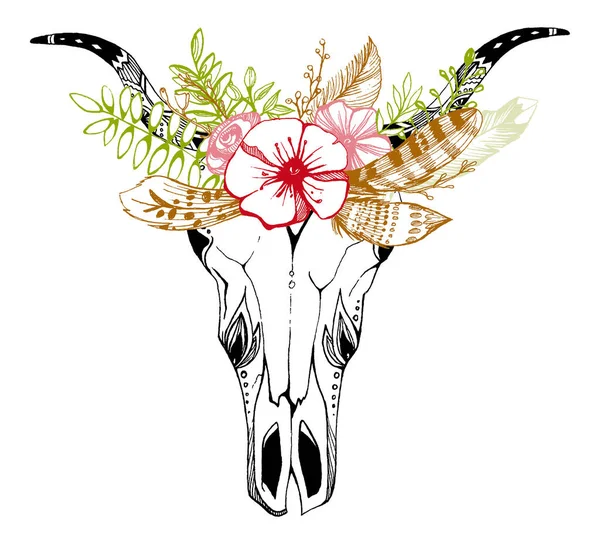Корова, буйволи, череп бика в племінному стилі з квітами. Богемська, векторна ілюстрація. Дикий і вільний етнічний циганський символ. — стоковий вектор