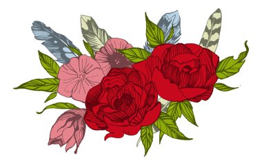 Bohem tarzı çiçekler. Düğün davetiyesi tasarımı için güller ve şakayıklar. Vektör illüstrasyonu.