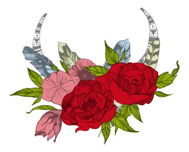 Bohem tarzı çiçekler. Düğün davetiyesi tasarımı için güller ve şakayıklar. Vektör illüstrasyonu.