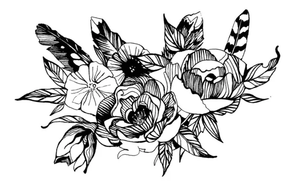Flores de estilo bohemio. Rosas y peonía para el diseño de la invitación de boda. Ilustración vectorial . — Vector de stock