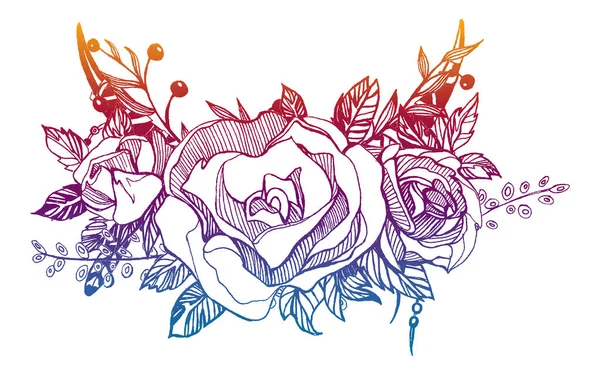 Blumenstrauß, Rosen, Pfingstrose. Brautflorale Komposition. Vorlage für Hochzeitseinladungen. — Stockvektor