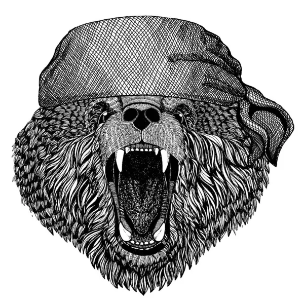 Urso. Animal selvagem usando bandana pirata. Marinheiro corajoso. Imagem desenhada à mão para tatuagem, emblema, emblema, logotipo, patch — Vetor de Stock