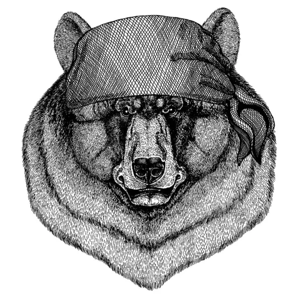 Αρκούδα. Άγριο ζώο φοράει πειρατική μπαντάνα. Γενναίος ναύτης. Εικόνα ζωγραφισμένη στο χέρι για τατουάζ, έμβλημα, σήμα, λογότυπο, έμπλαστρο — Διανυσματικό Αρχείο