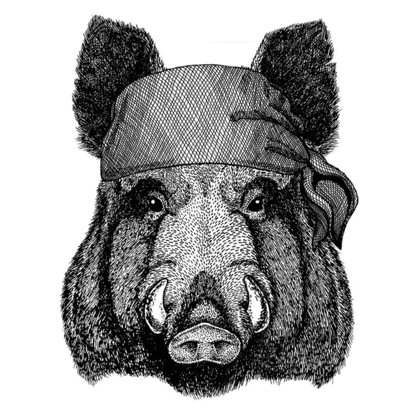 Aper, boar, hog, wild boar. Wild animal wearing pirate bandana. Brave sailor. Hand drawn image for tattoo, emblem, badge, logo, patch — Stock Vector