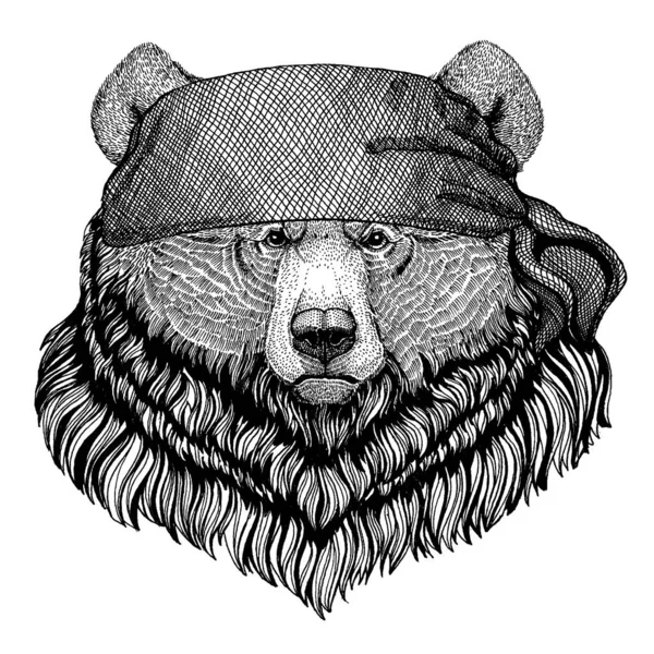 Медведь. Дикое животное в пиратской бандане. Храбрый моряк. Ручной рисунок для татуировки, эмблемы, значка, логотипа, патча — стоковый вектор