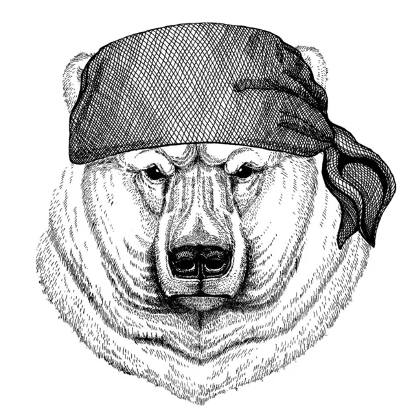 Polar bear. Wild animal wearing pirate bandana. Brave sailor. Hand drawn image for tattoo, emblem, badge, logo, patch — Stock Vector