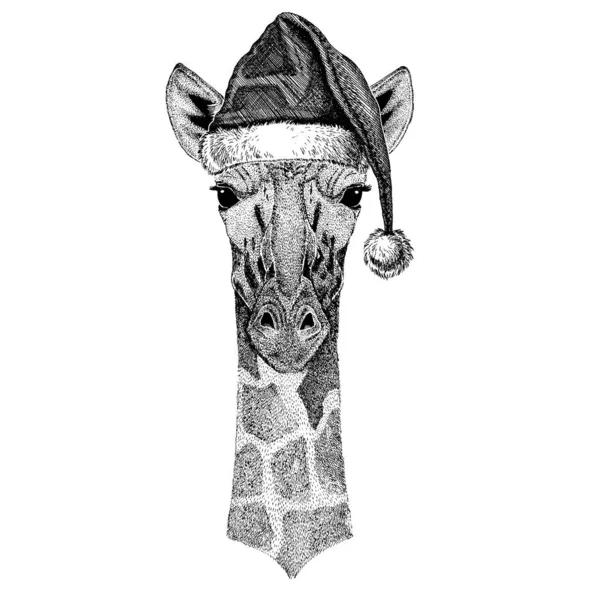 Kamelopard, Giraffe mit Weihnachtsmannmütze. Handgezeichnetes Bild für Tätowierung, Emblem, Abzeichen, Logo, Aufnäher — Stockvektor