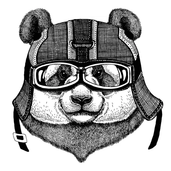 Panda, bamboo bear Hipster animal wearing motorycle helmet. Image for kindergarten children clothing, kids. T-shirt, tattoo, emblem, badge, logo, patch — Stock Vector