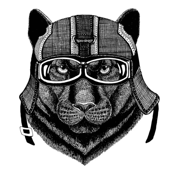 Pantera negra Hipster animal con casco de moto. Imagen para la ropa de los niños del jardín de infantes, niños. Camiseta, tatuaje, emblema, insignia, logotipo, parche — Archivo Imágenes Vectoriales