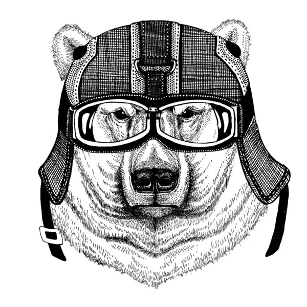Orso polare, orso bianco Hipster animale indossando casco da moto. Immagine per bambini della scuola materna abbigliamento, bambini. T-shirt, tatuaggio, emblema, distintivo, logo, patch — Vettoriale Stock