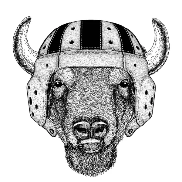 Bisonte, búfalo, toro. Retrato de animal con casco de rugby — Archivo Imágenes Vectoriales