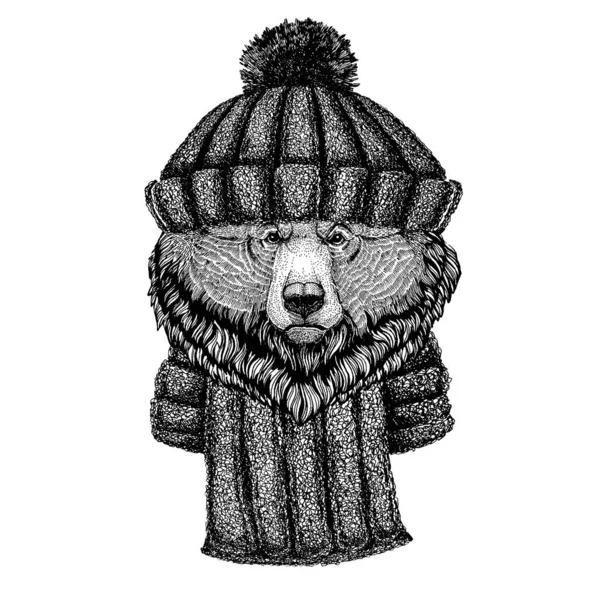 Cool animal portant un chapeau d'hiver tricoté. Bonnet de Noël bonnet chaud pour tatouage, t-shirt, emblème, insigne, logo, patch — Image vectorielle