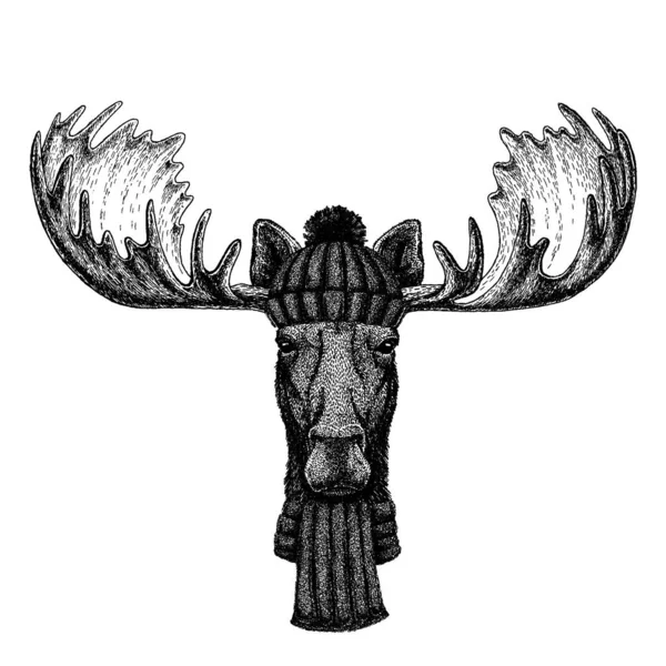 Orignal, wapiti Animal cool portant un chapeau d'hiver tricoté. Bonnet de Noël bonnet chaud pour tatouage, t-shirt, emblème, insigne, logo, patch — Image vectorielle