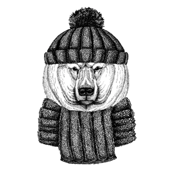 Великий білий ведмідь, білий ведмідь Прохолодна тварина в трикотажному зимовому капелюсі. Теплий головний убір beanie різдвяна шапка для татуювання, футболка, емблема, значок, логотип, патч — стоковий вектор
