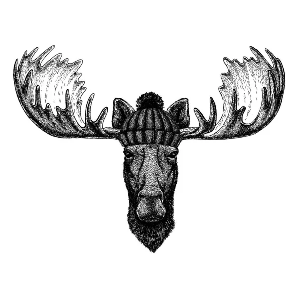 Moose, άλκη Δροσερό ζώο που φοράει πλεκτό χειμερινό καπέλο. Χριστουγεννιάτικο καπέλο για τατουάζ, t-shirt, έμβλημα, σήμα, λογότυπο, μπάλωμα — Διανυσματικό Αρχείο