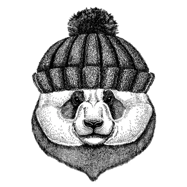 Urso de bambu. Panda. Animal legal vestindo chapéu de inverno de malha. Gorro de Natal de gorro de cobertura para a cabeça quente para tatuagem, t-shirt, emblema, emblema, logotipo, patch —  Vetores de Stock