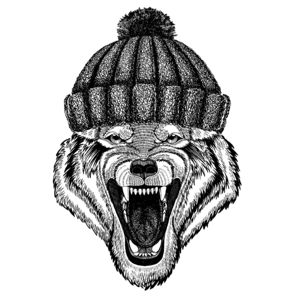 Wolf Dog Animal selvagem Animal legal vestindo chapéu de inverno de malha. Gorro de Natal de gorro de cobertura para a cabeça quente para tatuagem, t-shirt, emblema, emblema, logotipo, patch — Vetor de Stock