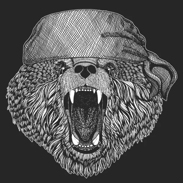 野生の熊。バンダナ。バイカー海賊。紋章、ロゴ、ティーシャツのための動物の肖像. — ストックベクタ