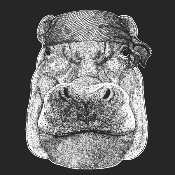 Portrait d'hippopotame, hippopotame. Bandana. Un motard, un pirate. Animal sauvage africain . — Image vectorielle