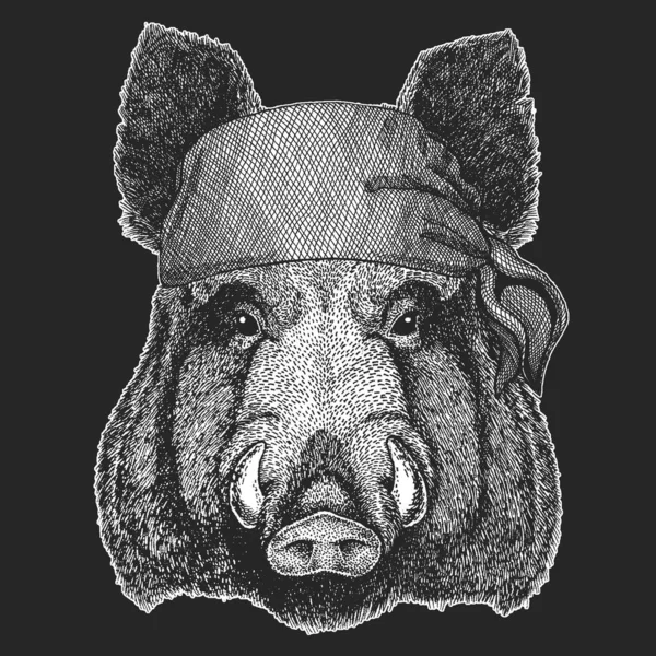 Portrait de porc sauvage, sanglier, porc. Bandana. Un motard, un pirate. Visage d'animal courageux . — Image vectorielle