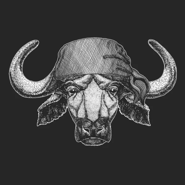 Portrait de buffle, bison, taureau, vache. Bandana. Un motard, un pirate. Visage de l'animal . — Image vectorielle