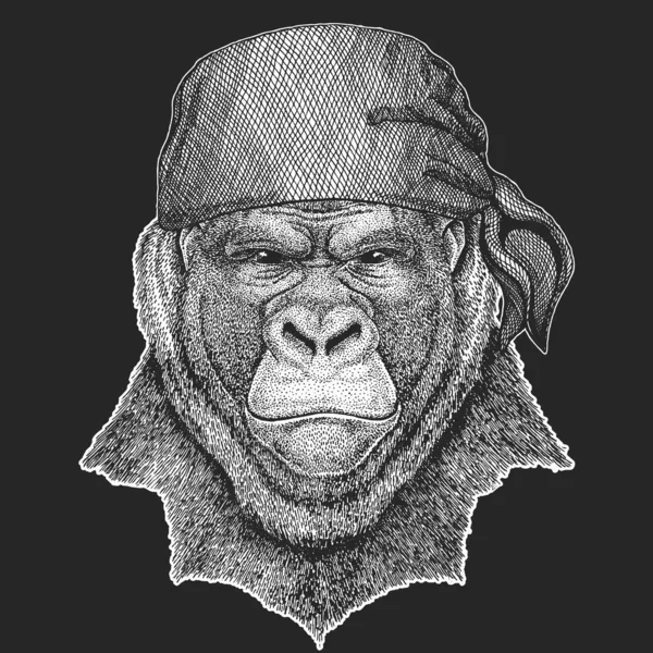 Gorilí portrét. Opice, opice. Bandana. Motorkář, pirát. — Stockový vektor
