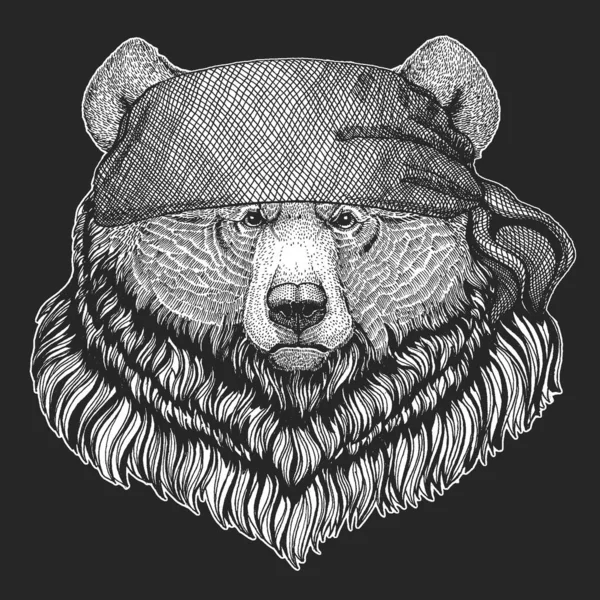 Grizzlybjörn. Bandana. Cyklist, pirat. Porträtt av vilda djur. — Stock vektor