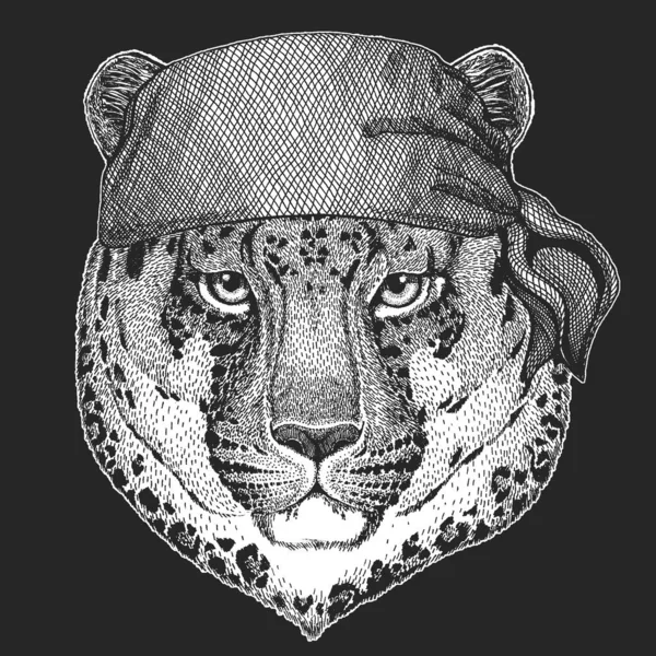 Leopardo, cara de jaguar. Bandana. Motero, pirata. Retrato de animal salvaje . — Vector de stock